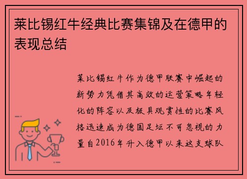 莱比锡红牛经典比赛集锦及在德甲的表现总结