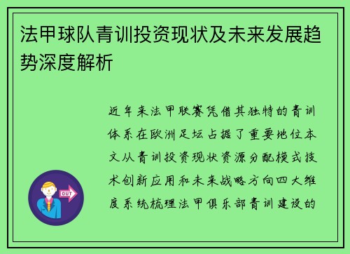 法甲球队青训投资现状及未来发展趋势深度解析